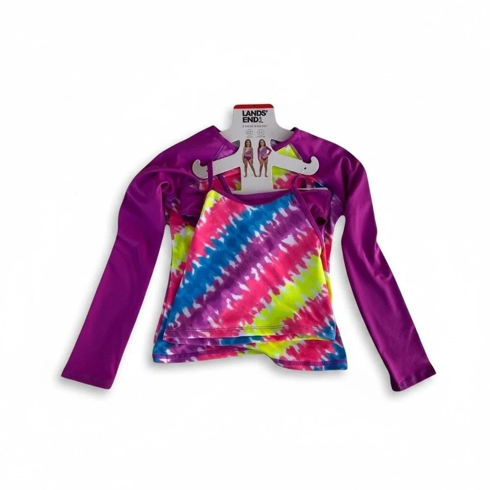 Lands' End 3 Piece Swim Set Girls Size 2T‎ Purple Geometric UPF 50 Quick Dry